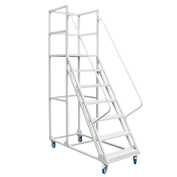 Steel 7 Step Mobile Safety Step Ladder - Mounty Rollstep - Light Grey