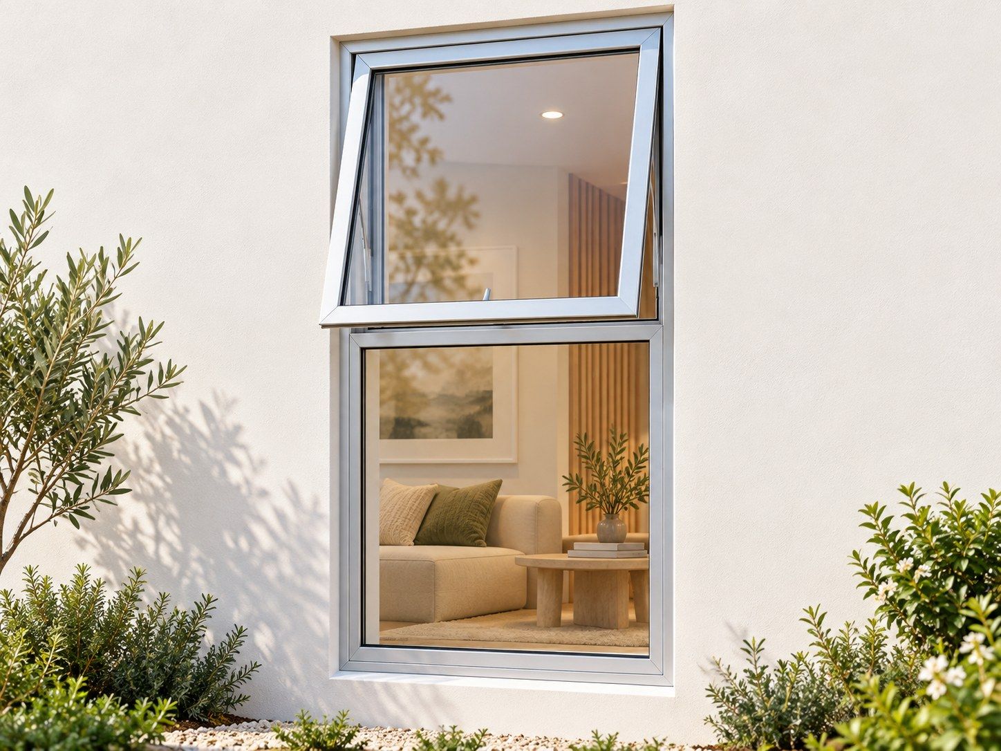 Kenzo Premium Top-Hung Aluminium Window - Silver, 600 1200 mm, Upper Opener with Fixed Lower Pane, Clear Glass