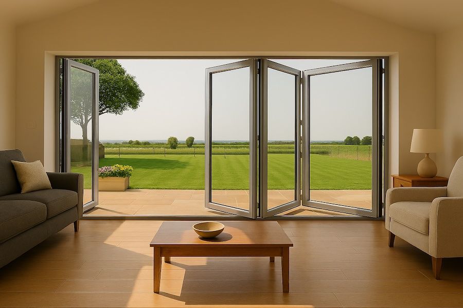 Kenzo - SFD4FG6LS - Aluminium Fold A-Side Door 2.4mx2.1m Silver 3 Doors Open Left, 1 Door Open Right Viewed From Outside