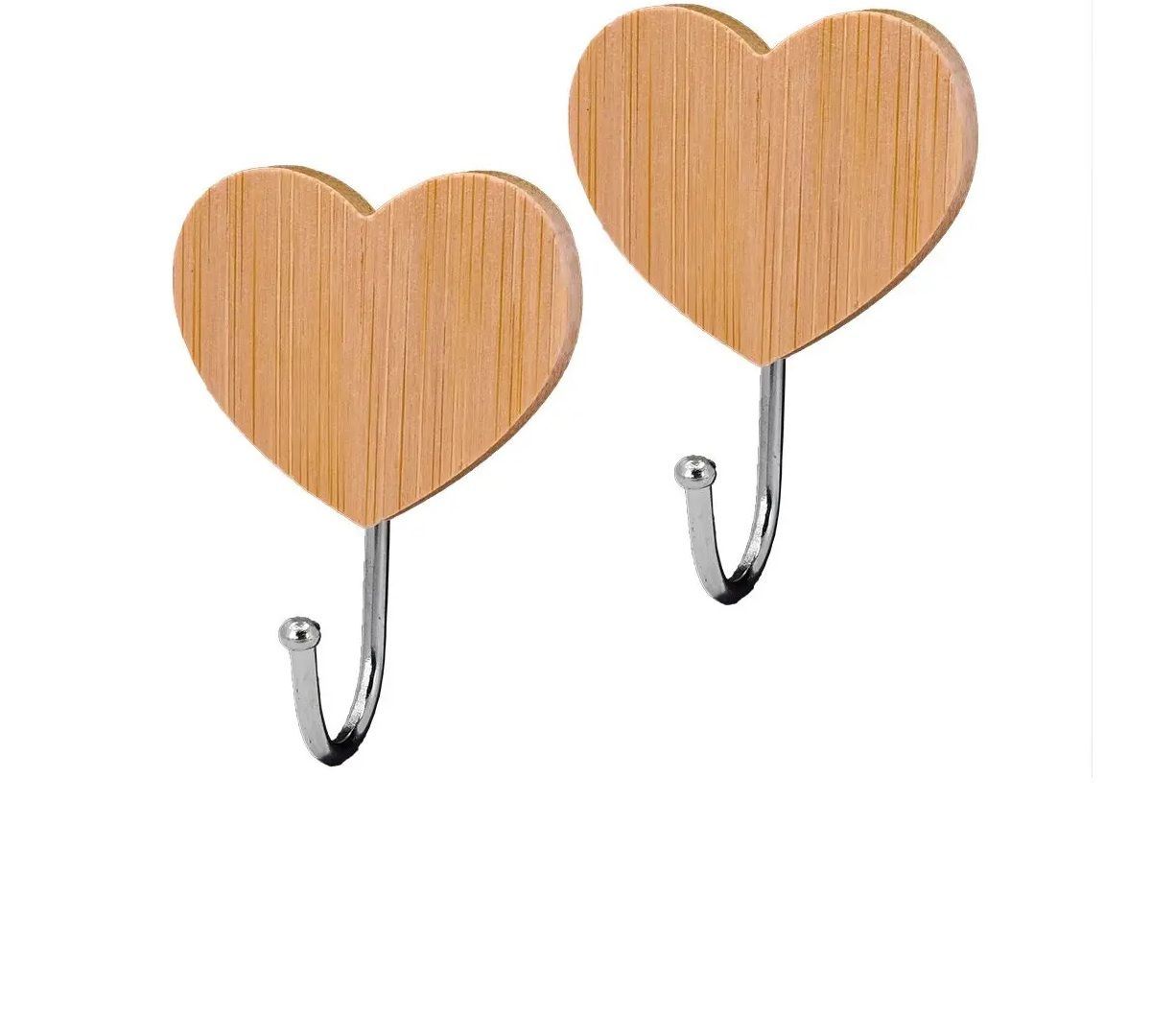 Hook Set, Self Adhesive Tape, Heart Shaped, Bamboo/Chrome Plated, 2 Pieces (4 pack) BY WOODLY