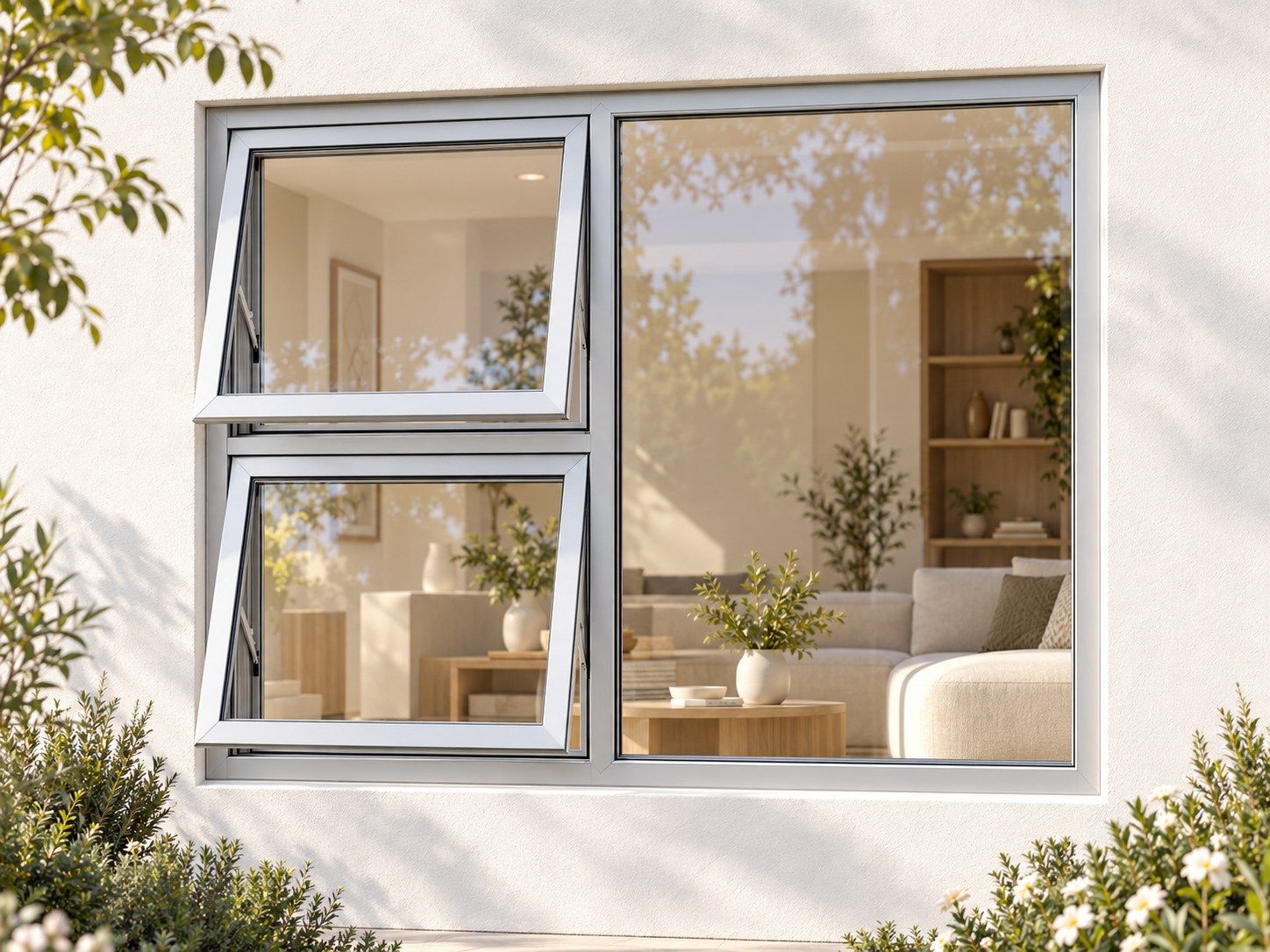 Kenzo Premium Top-Hung Aluminium Window - Silver, 1500 1200 mm, Left Two Openers with Fixed Side Pane, Clear Glass