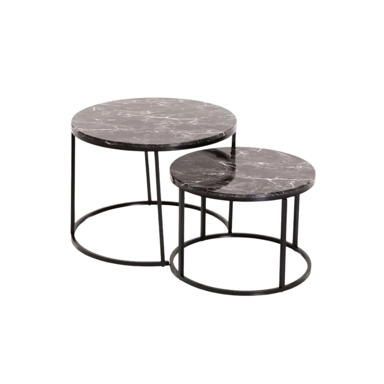 Set of 2 Round Marble Look Nesting Tables - Black/Black