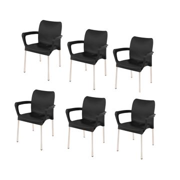 Heavy Duty Plastic Stacking Chair – Bistro Design with Armrests - Black - Set of 6