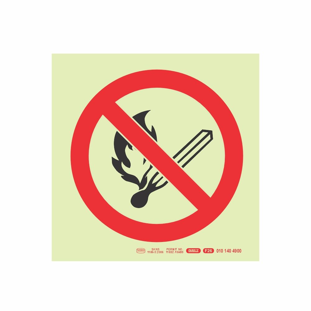 Photoluminescent 190mm Safety Sign F26 No Open Or Naked Flames