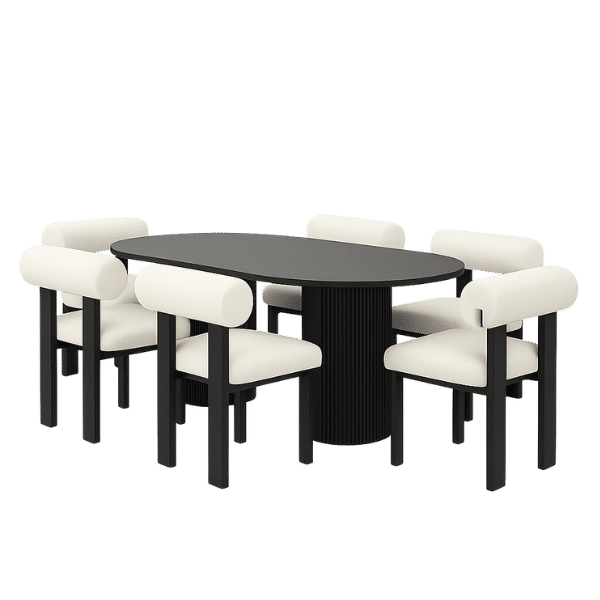 Tera Dining Set – Black Dining Table with 6 Bouclé Chairs