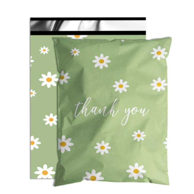 100  Green Daisy Gift Bag 25x33cm Polymailers Packaging Self-Adhesive