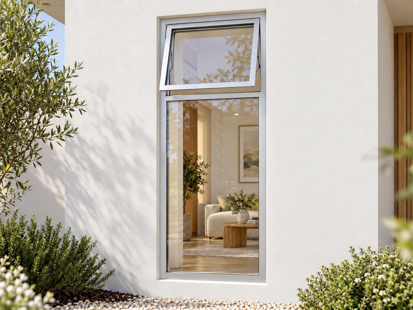 Kenzo Premium Top-Hung Aluminium Window - Silver, 600 1800 mm, Upper Opener with Fixed Lower Pane, Clear Glass