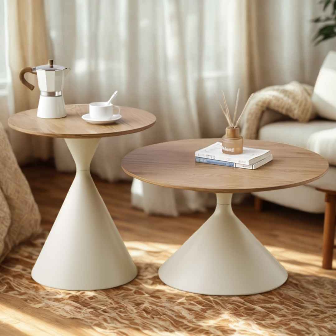 Muett 2-Piece Round Nesting Coffee & Side Table Set – Wood Top Accent Tables with Off-White Hourglass Pedestal Base