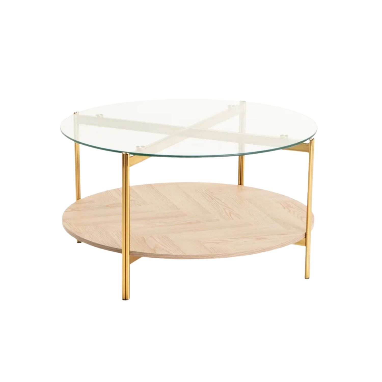 80cm Round Glass Coffee Table with Gold Legs - Gold/Oak