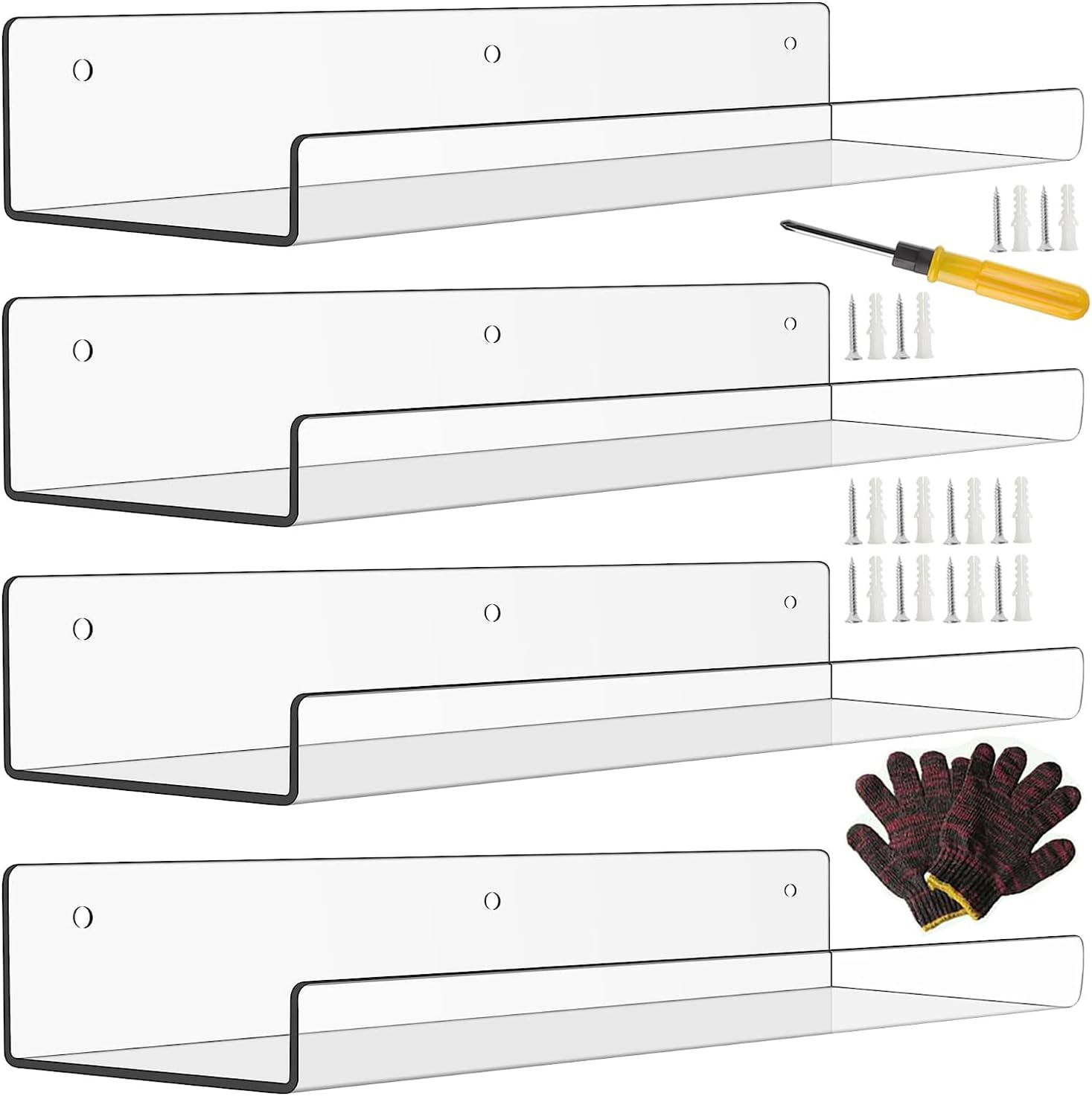Large 4 Pack Clear Acrylic Shelves For Wall Storage Decor Floating Shelf