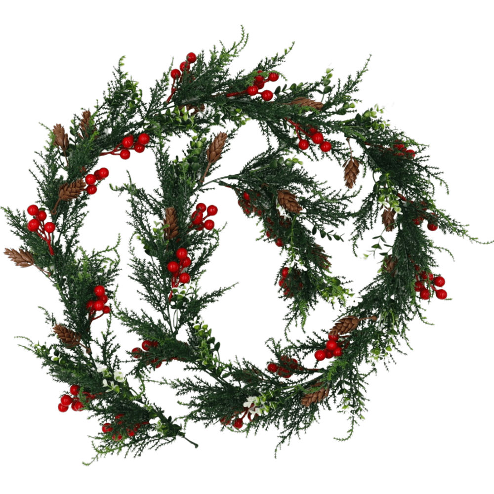Christmas Garland with Pine and Holly Red Berries - UV Protected -  200cm
