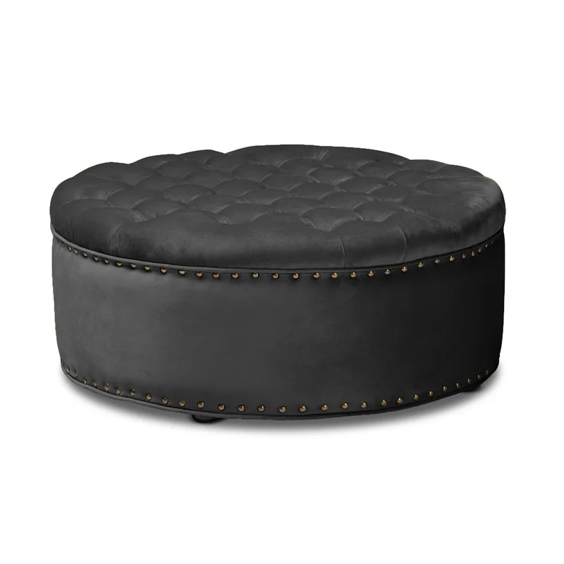 Tia Velvet Tufted Round Ottoman - Black