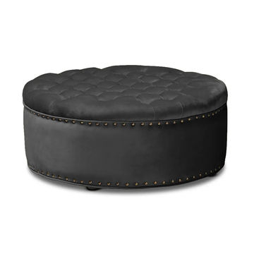 Tia Velvet Tufted Round Ottoman - Black