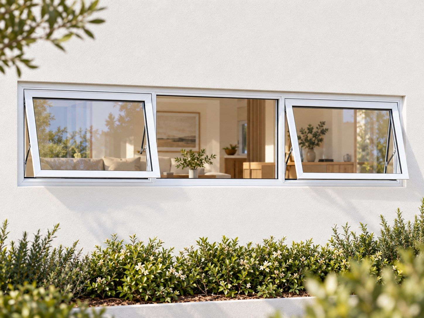 Kenzo Premium Top-Hung Aluminium Window - White, 1800 400 mm, Two Outer Openers with Fixed Centre, Clear Glass