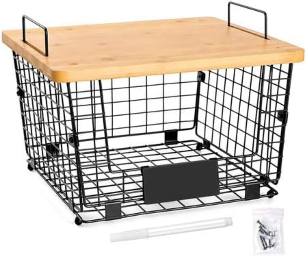 Metal Kitchen Counter Basket Organiser With Bamboo Top - Pantry Storage Bin