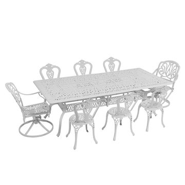8 Seater - Victoria  Aluminium Patio Set / Garden Furniture / Outdoor Dining Set    (2 Protea Swivel Chairs and 6 Victoria Chairs with 240cm x 110cm Rectangular Elizabeth Table) - WHITE  - Swivel