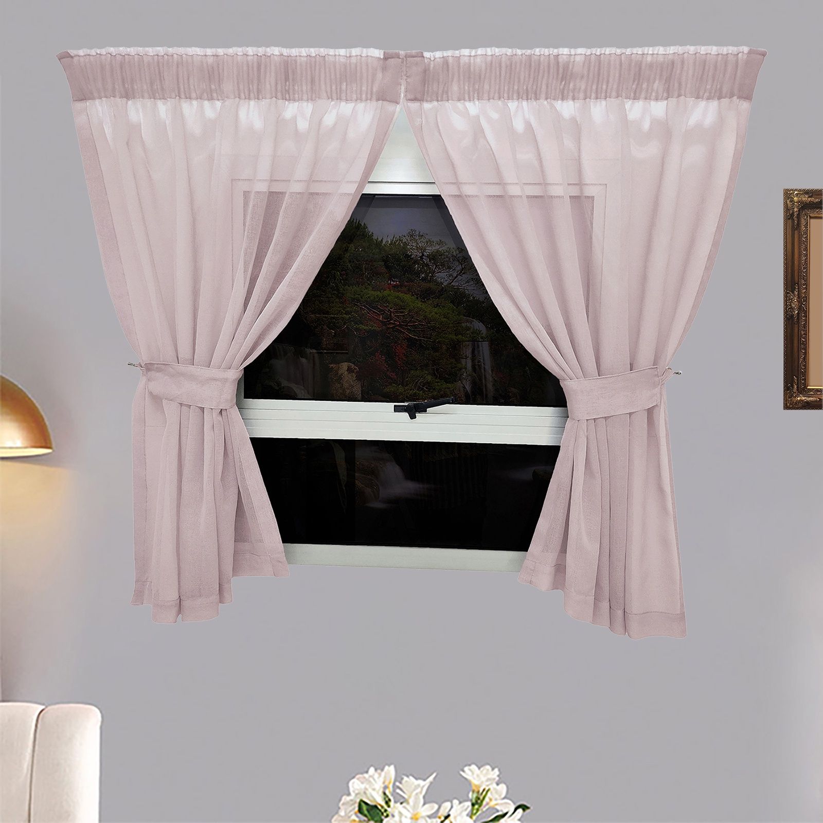 Matoc Designs Café Curtain - Mystic Voile - Pink - Taped - 110cm W x 120cm H - 2 Pack