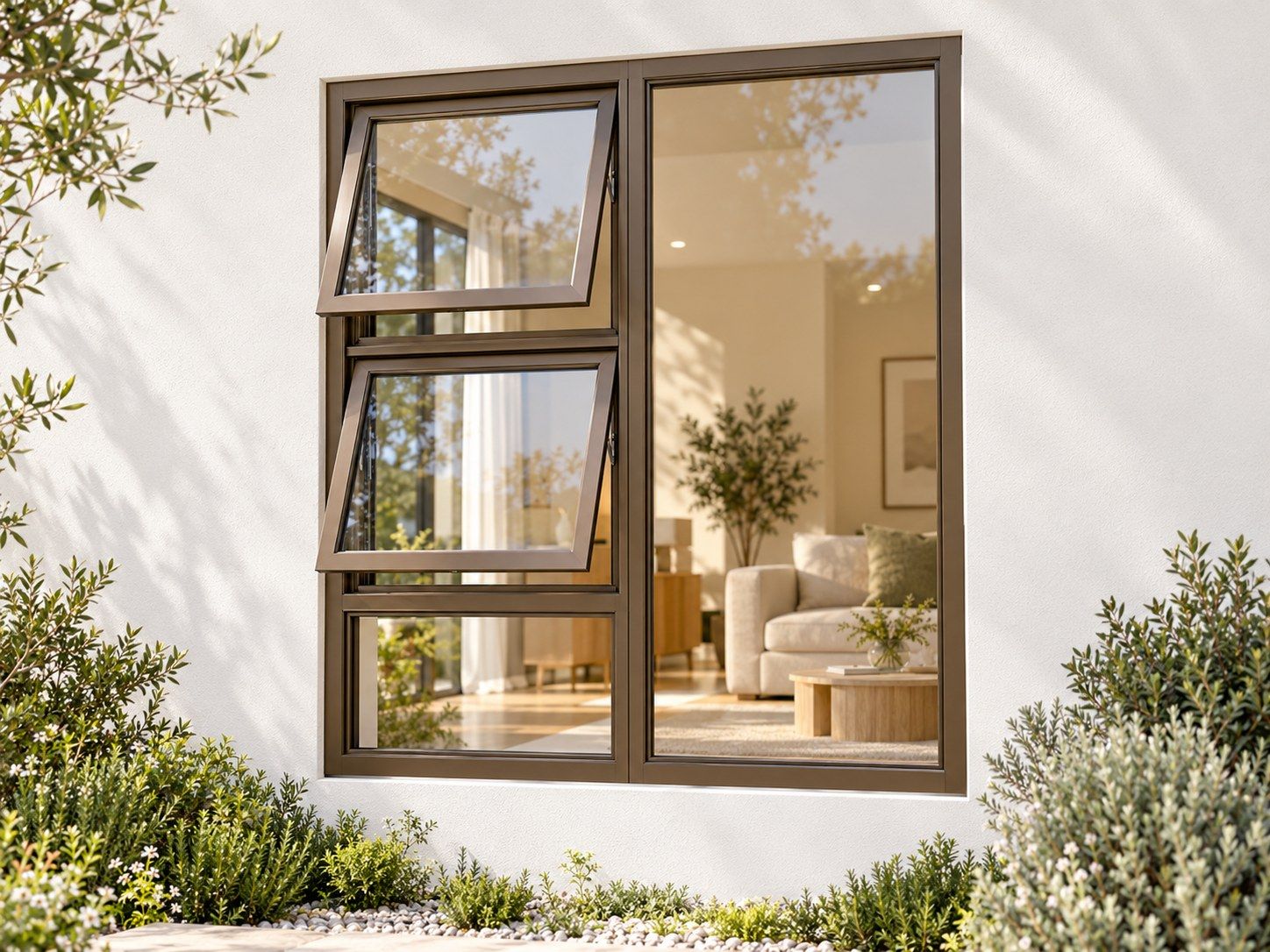 Kenzo Premium Top-Hung Aluminium Window - Bronze, 1200 1500 mm, Left Two Openers with Fixed Lower and Side Panes, Clear Glass