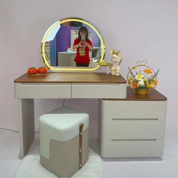 Madiega Furniture - Cream & Walnut Oval-Mirror Dressing Table