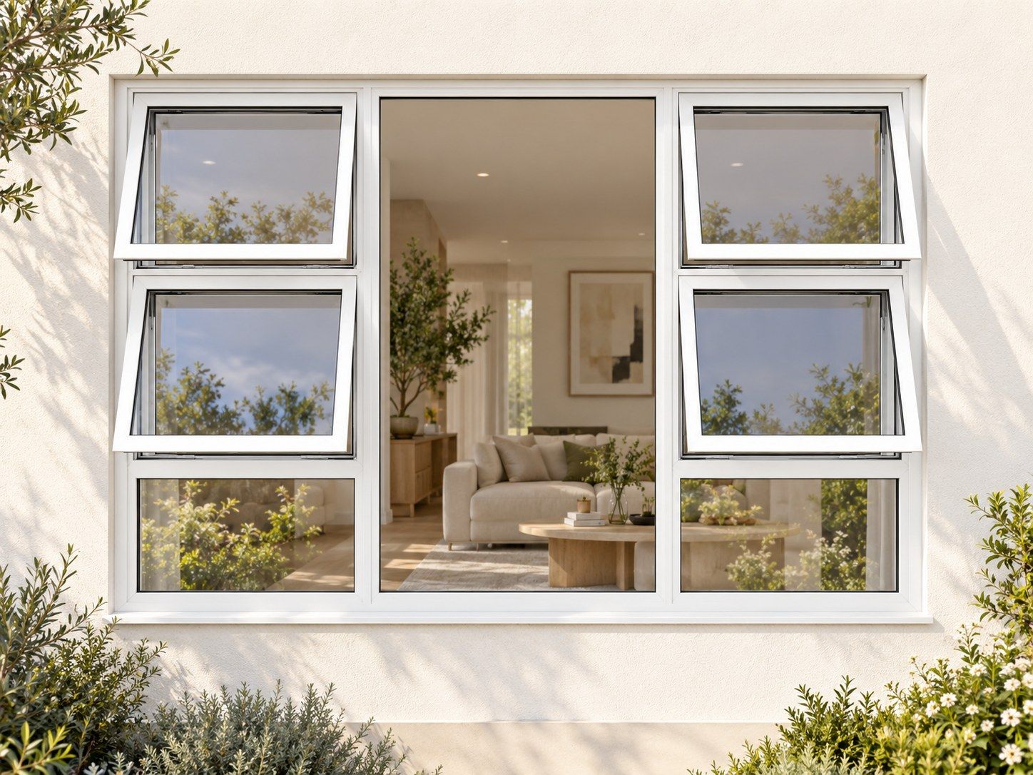 Kenzo Premium Top-Hung Aluminium Window - White, 2100 1500 mm, Four Openers with Fixed Centre and Lower Panes, Clear Glass