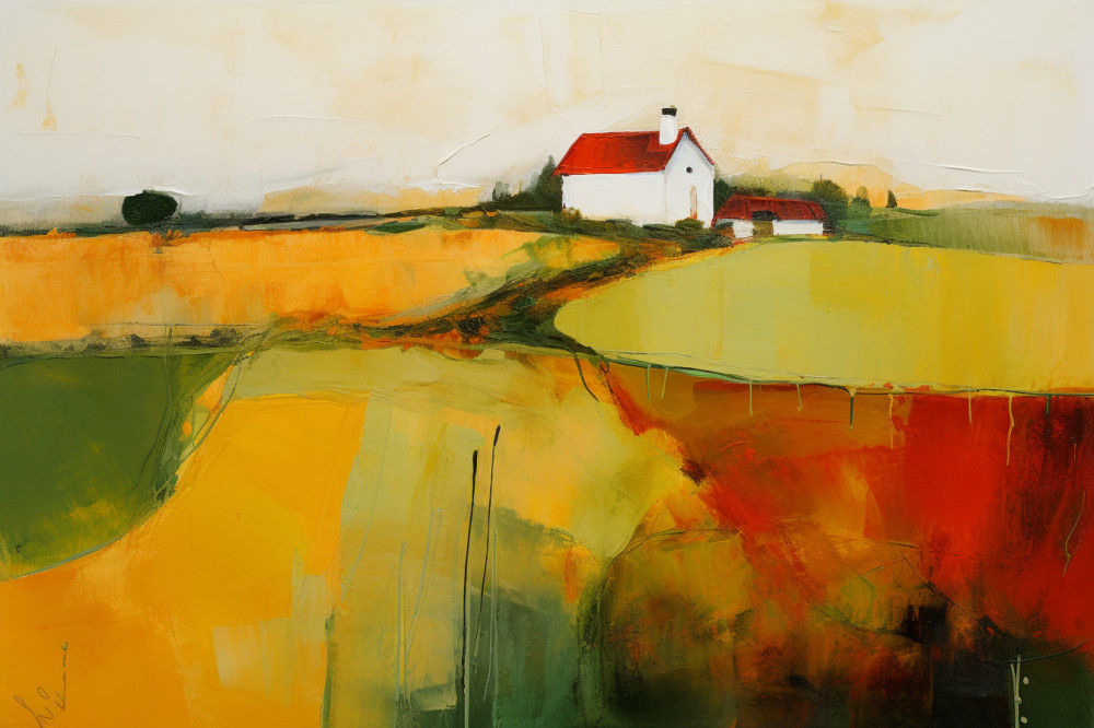 Canvas Wall Art - Abstract Painting Portrays Picturesque Farm - A1509 - [120 x 80 cm]