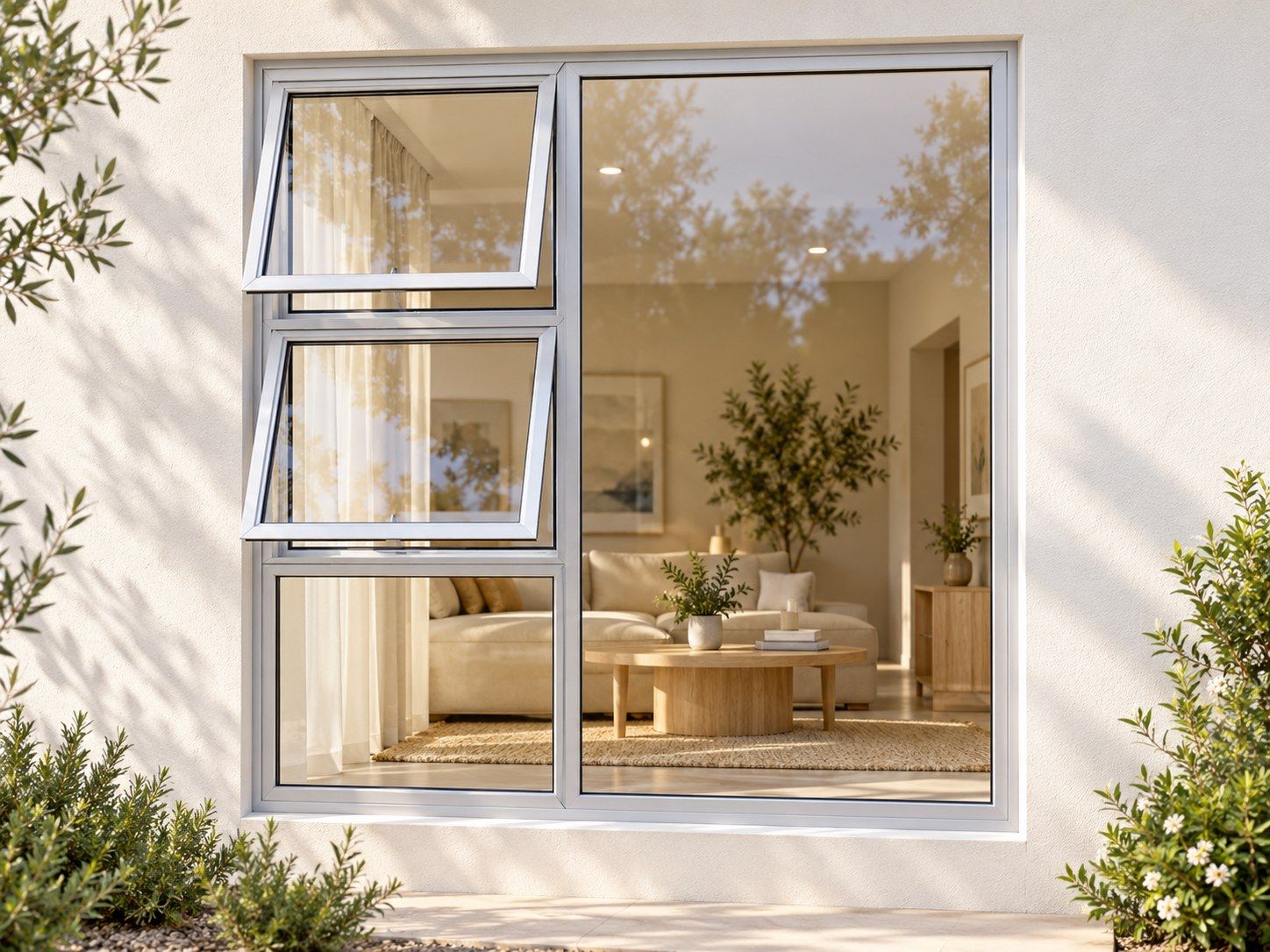 Kenzo Premium Top-Hung Aluminium Window - Silver, 1500 1800 mm, Left Two Openers with Fixed Lower and Side Panes, Clear Glass