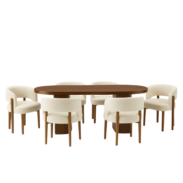 Marlowe Dining Set – Walnut Table with 6 Bouclé Chairs