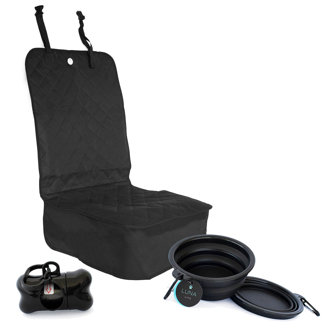 LUNA Life Premium Front Car Seat Cover with Water Bowl & Poo Bags Kit