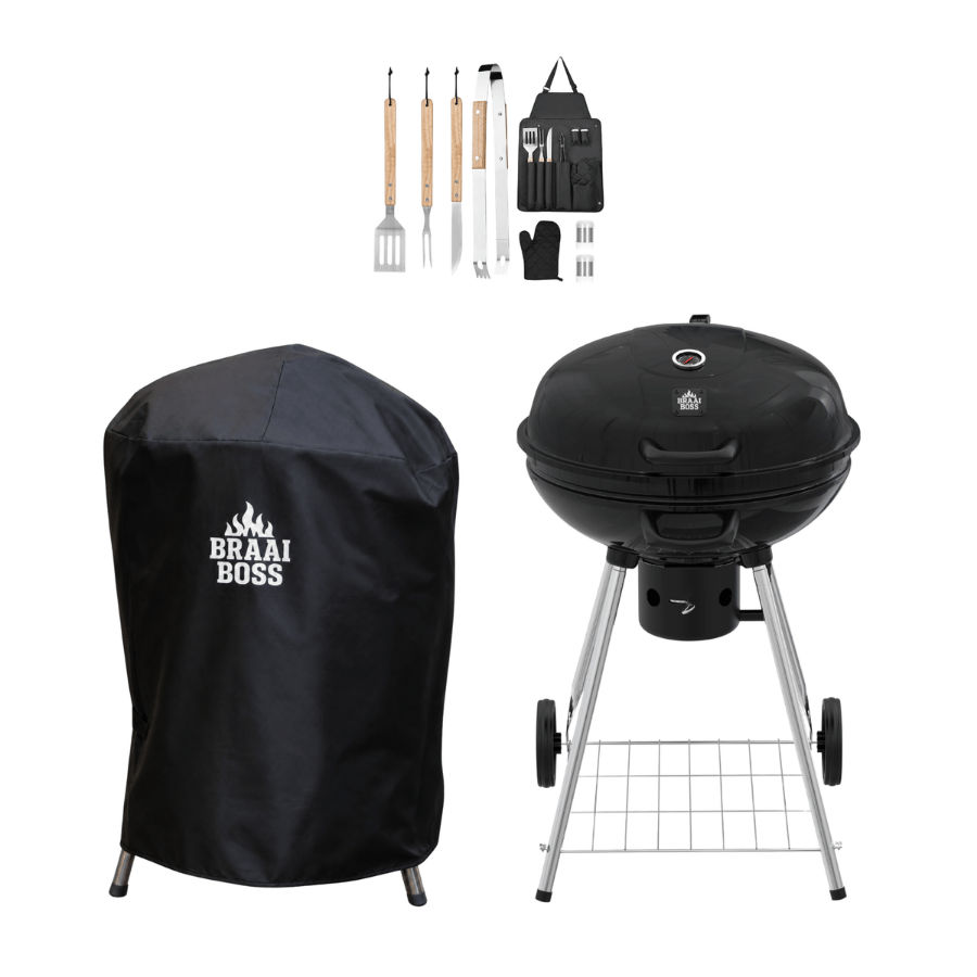BraaiBoss 57cm Charcoal Kettle Braai with Hinged Lid, Cover & Braai Tool Set