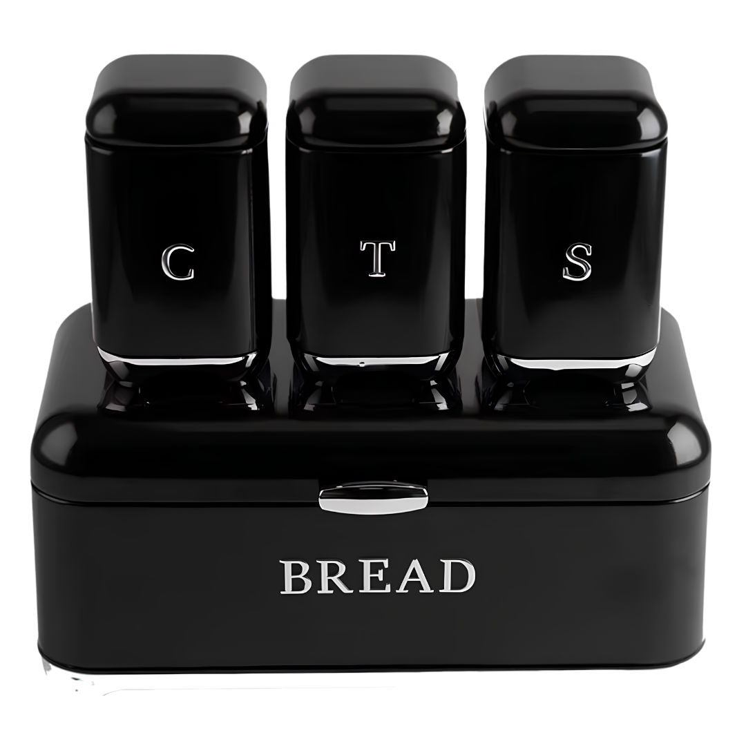 4-Piece Kitchen Countertop Storage Set – Gloss Black Metal Bread Bin & Matching Tea, Coffee, Sugar Canisters with Silver Trim
