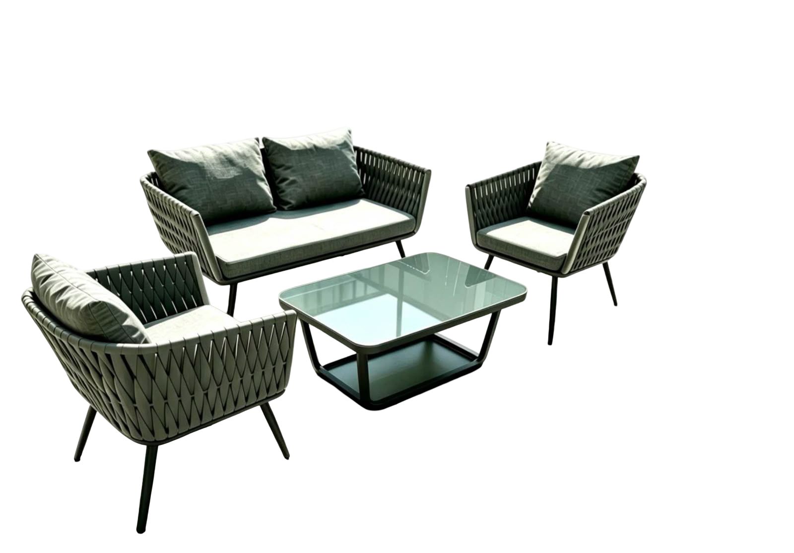 Modern 4-Piece Outdoor Rope Patio Lounge Set with Glass Coffee Table
