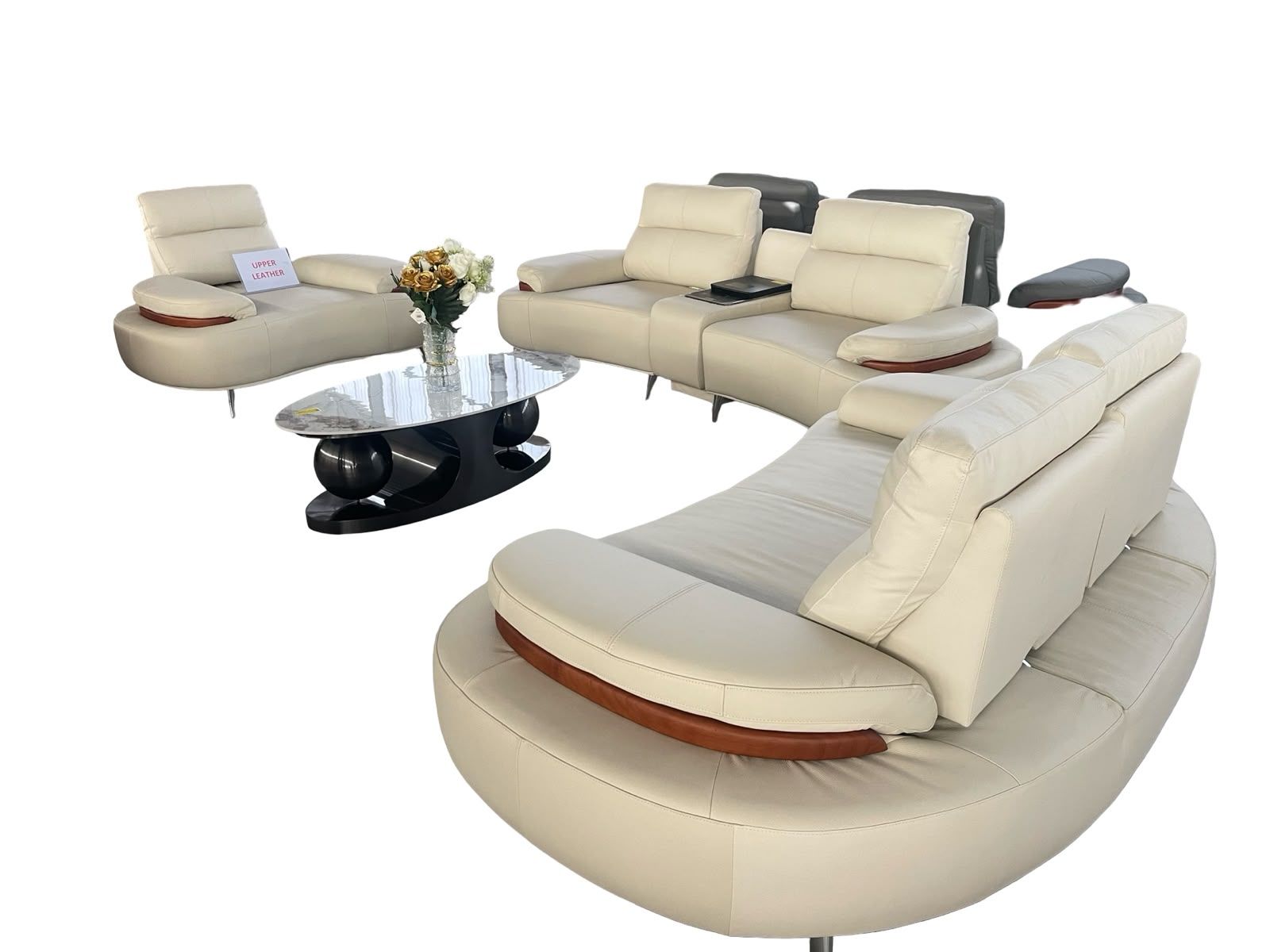 Modern Curved Leather Sectional Sofa with Wood Accents & Console- White