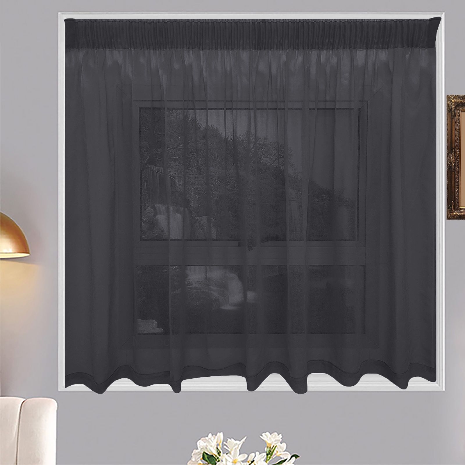 Matoc Designs Café Curtain - Mystic Voile - Charcoal - Taped - Single Layer - 250cm W x 120cm H