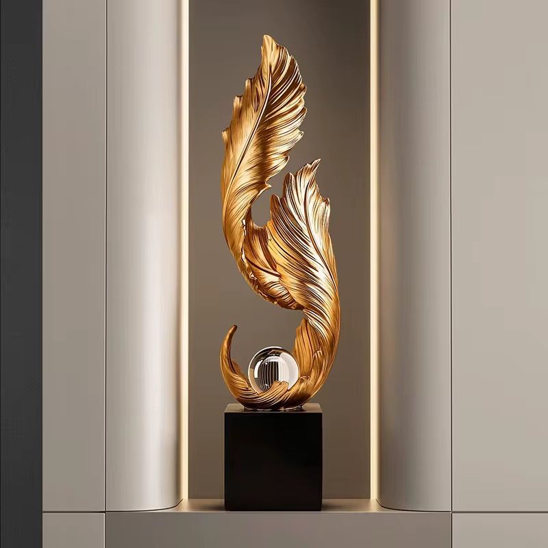 Luxury Feather & Crystal Sphere Sculptural Decor with Black Base