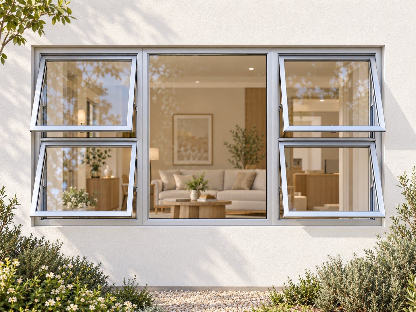 Kenzo Premium Top-Hung Aluminium Window - Silver, 2400 1200 mm, Four Openers with Fixed Centre, Clear Glass