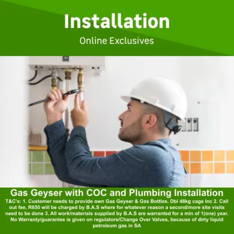 Gas Geyser installation with Gas CoC and Plumbing Dbl 48kg cage by Black Apple Solutions