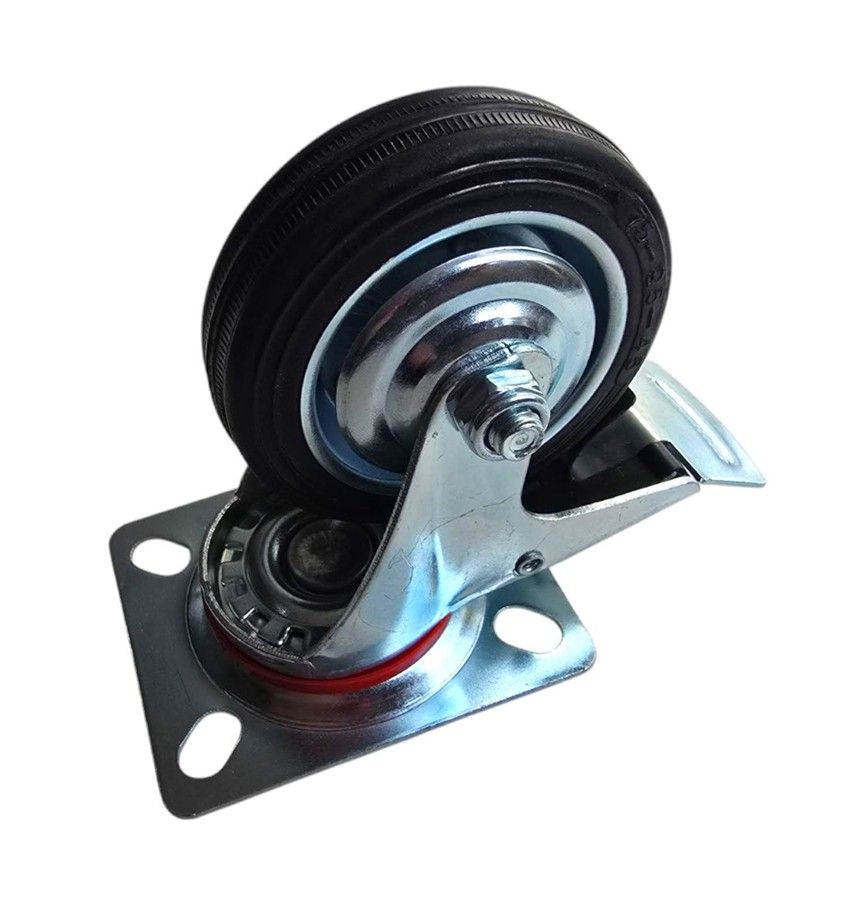 Trolley Wheel - Castor Wheel Rubber 75mm - Swivel - Galvanised Steel Plate - With BRAKE