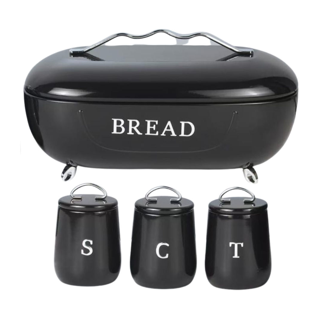 4-Piece Kitchen Countertop Storage Set – Gloss Black Oval Metal Bread Box on Chrome Feet with Matching Sugar, Coffee, Tea Canisters