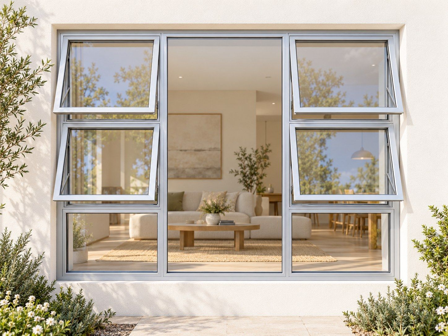 Kenzo Premium Top-Hung Aluminium Window - Silver, 1800 1500 mm, Four Openers with Fixed Centre and Lower Panes, Clear Glass