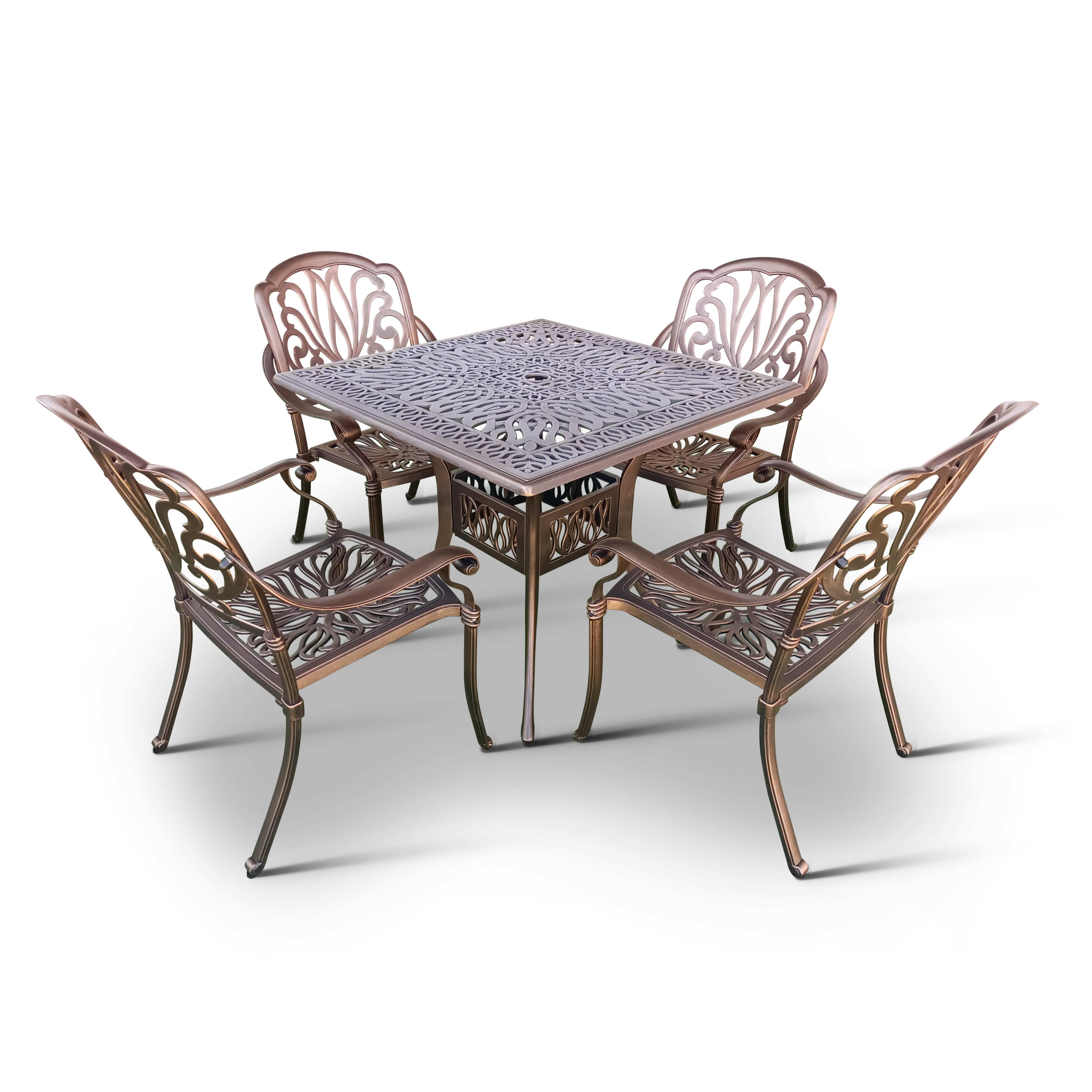 4 Seater - Protea Aluminium Patio Set / Garden Furniture / Outdoor Dining Set    (4 Protea Chairs with 90cm x 90cm Square Elizabeth Table) - COPPER