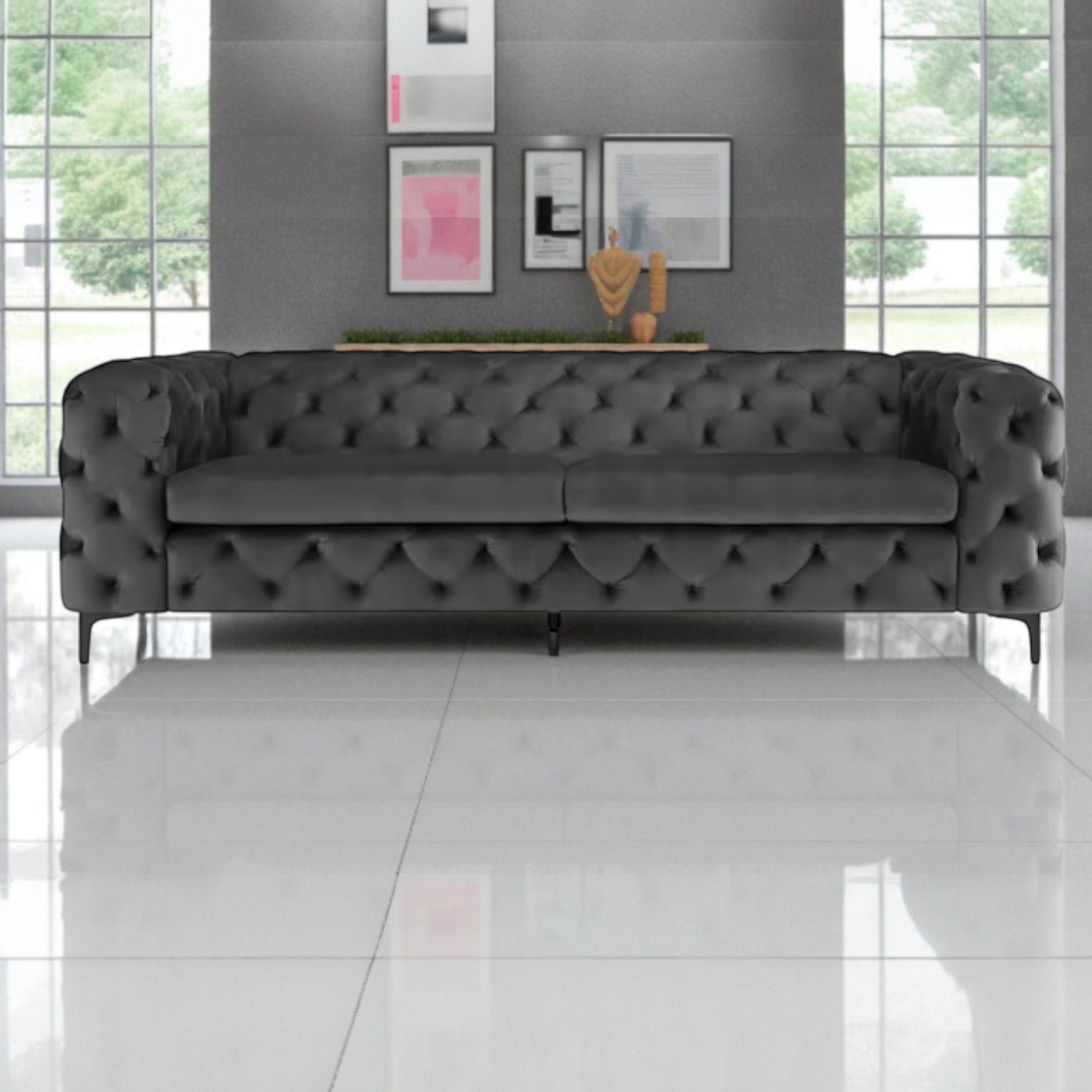 Chesterfield Couch - Dark Grey - Velvet 3 Seater