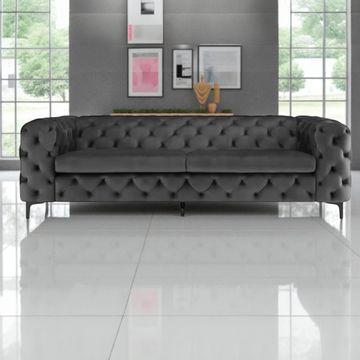 Chesterfield Couch - Dark Grey - Velvet 3 Seater