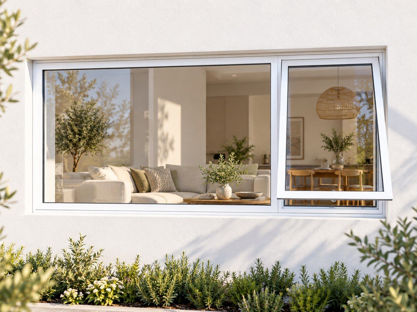 Kenzo Premium Top-Hung Aluminium Window - White, 2100 600 mm, Right Upper Opener with Fixed Side Pane, Clear Glass
