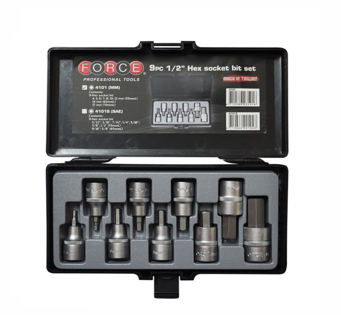 Force - 1/2" Dr 9 Piece Socket Hex Bit Set 4-17mm
