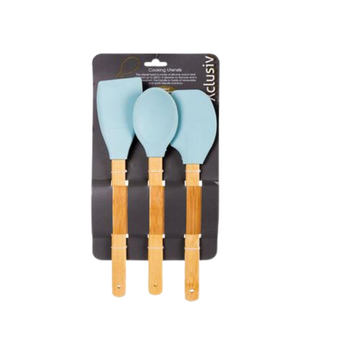 Kitchen Tool Set - 3 Piece, Silicone Head, Bamboo Handle