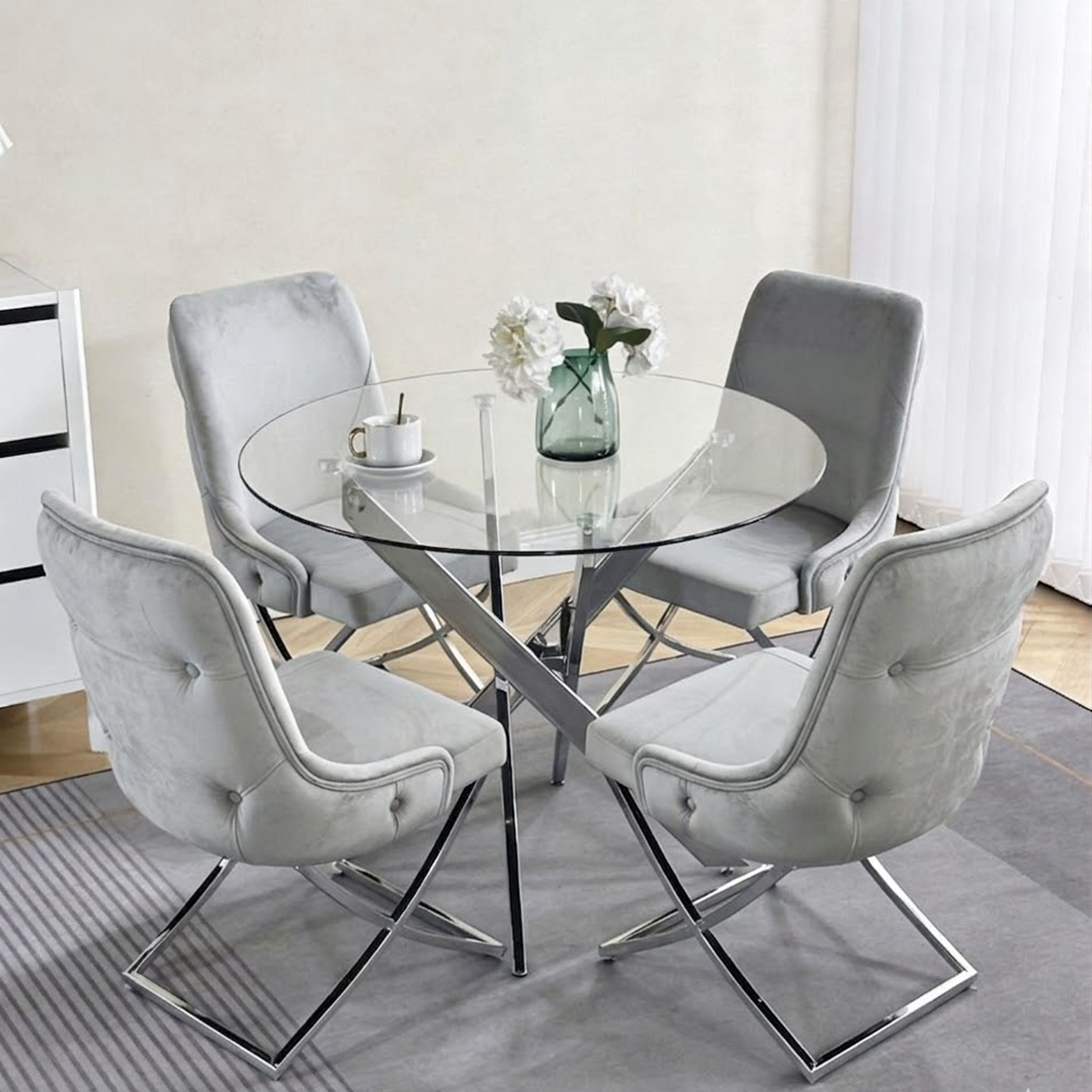 Madiega Furniture - Round Glass Table with 4 Grey Velvet Chairs Dining Set