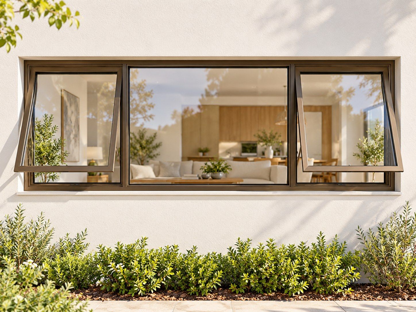 Kenzo Premium Top-Hung Aluminium Window - Bronze, 2100 600 mm, Two Outer Openers with Fixed Centre, Clear Glass