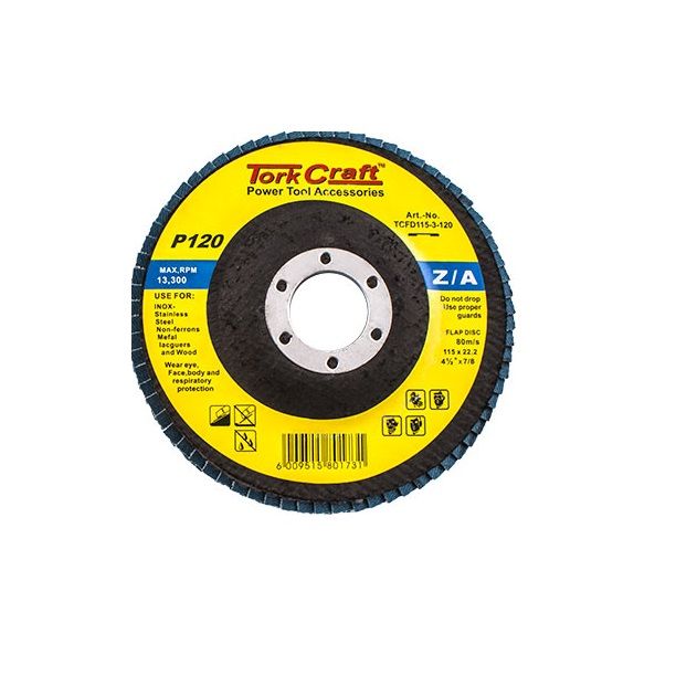 Tork Craft - Flap Disc Zirconium 115mm 120 Grit Flat - 12 Pack