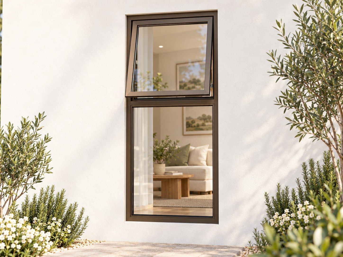 Kenzo Premium Top-Hung Aluminium Window - Bronze, 600 1200 mm, Upper Opener with Fixed Lower Pane, Clear Glass