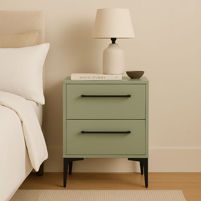 Solace 2-Drawer Nightstand & Bedside Table – 65cm High (Olive Mist Finish)